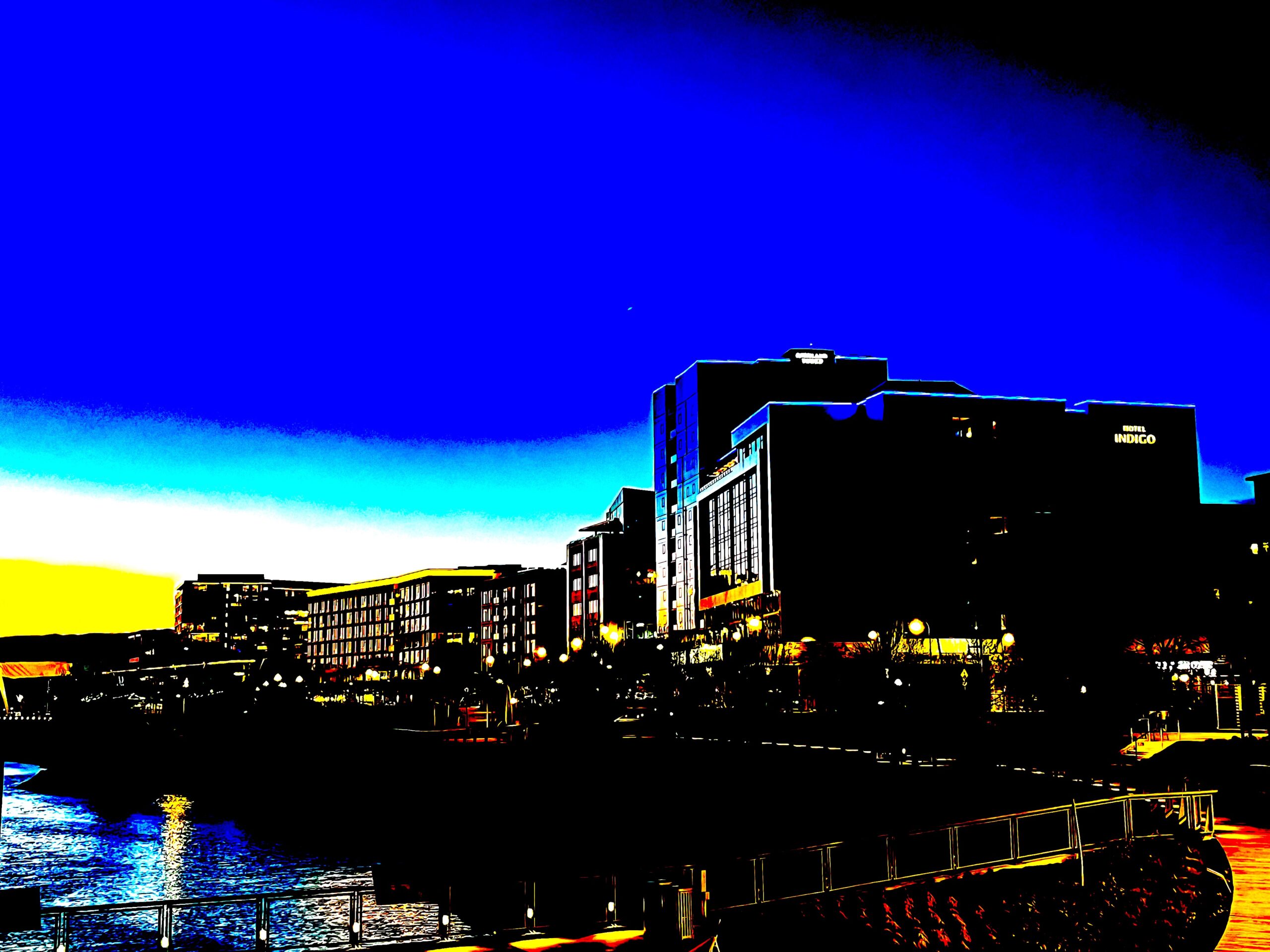 A city scape in bright neon colors.